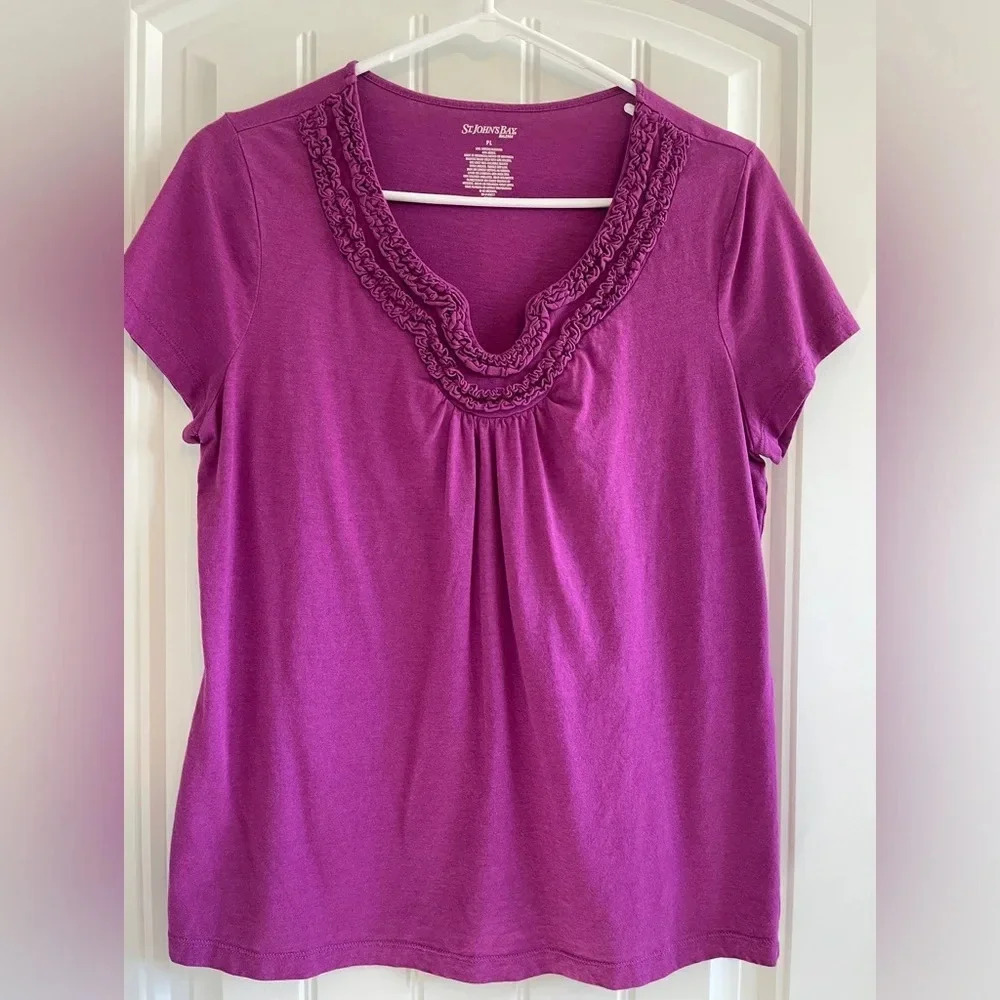 St. John’s Bay Magenta Women’s Size Petite Large Ruffled Neck Pleated Blouse